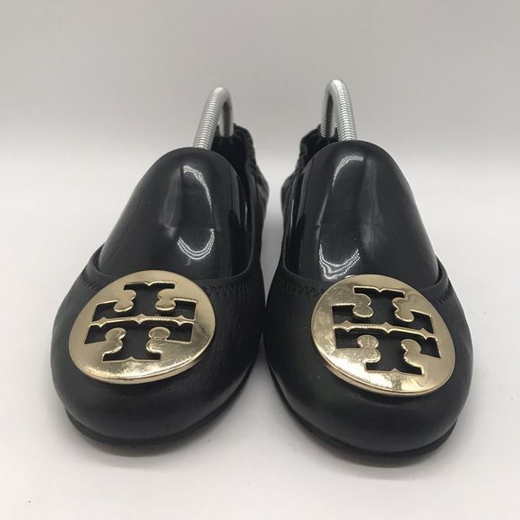 Tory Burch Classic Reva Butter Soft Leather Black Gold Ballet Flats Women's 6.5M - Picture 2 of 11